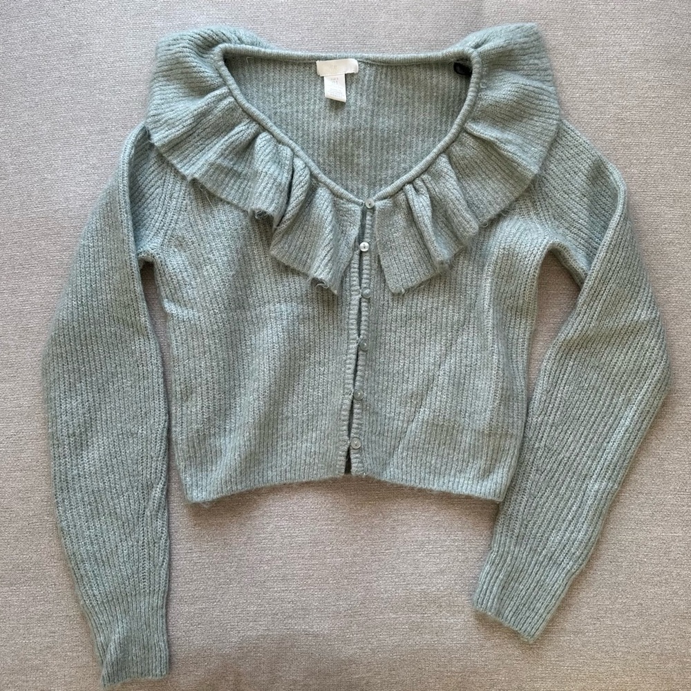 H&M Women's Ruffled Knit Cardigan - Green